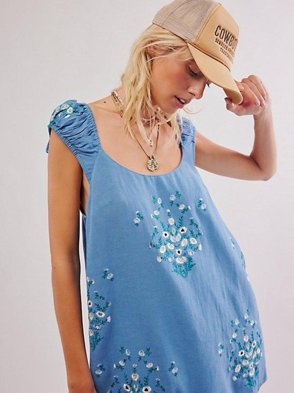 Free People Wildflower Embroidered Mini Dress Copen Blue Linen Blend Medium